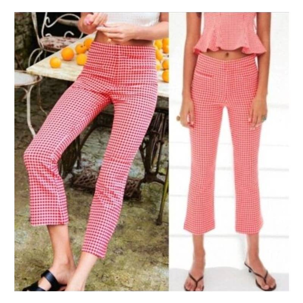 Zara Red White Gingham Mini Cropped Flare Pants Size M